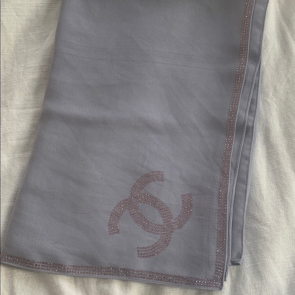 Embellished Gray Scarf with Chanel Logo Accent